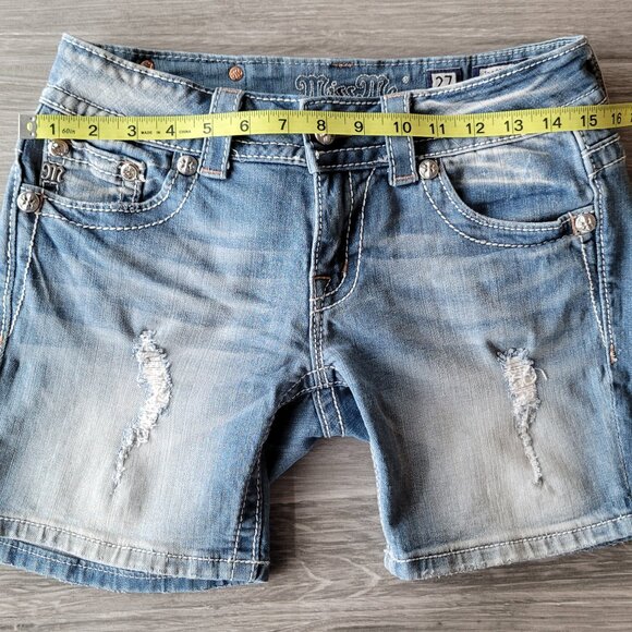 MISS ME LOW RISE SHORTS BLUE JEAN DENIM W/RHINESTONES & HOLOGRAPHIC POCKETS SIZE - Picture 11 of 13